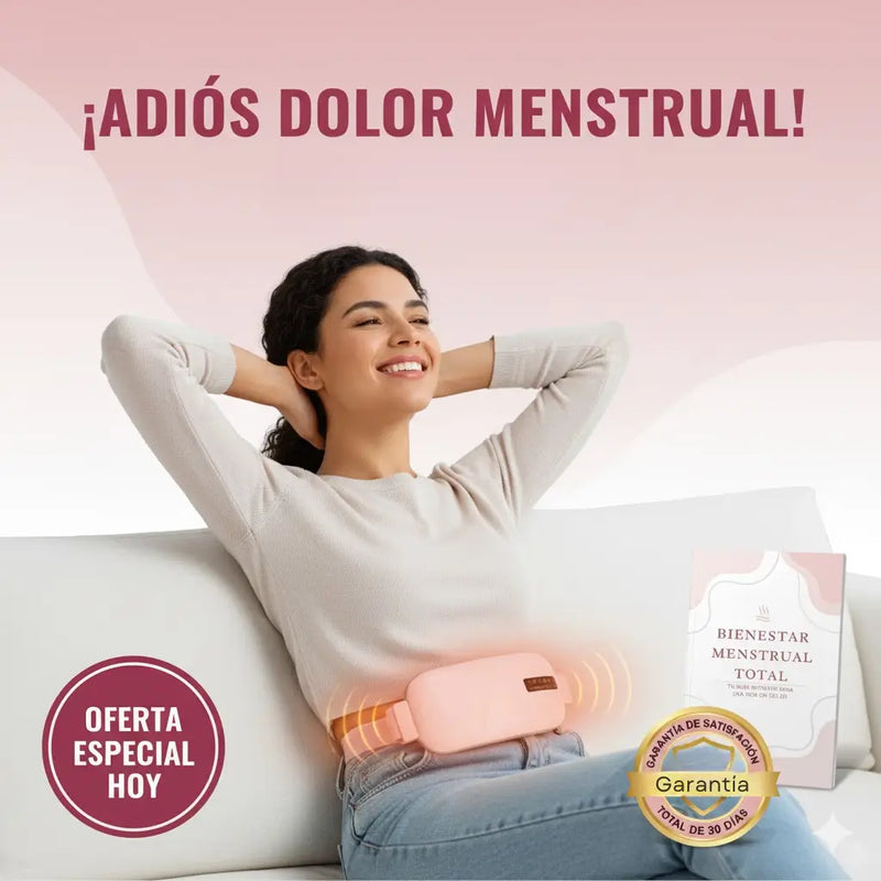 Mujer usando FlowBand Zen mientras trabaja, disfrutando alivio del dolor menstrual gracias al calor suave y masaje vibratorio inteligente.
