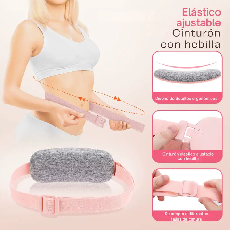 FlowBand Zen colocado sobre el vientre, brindando calor terapéutico y vibración suave para aliviar tensión menstrual sin medicamentos.