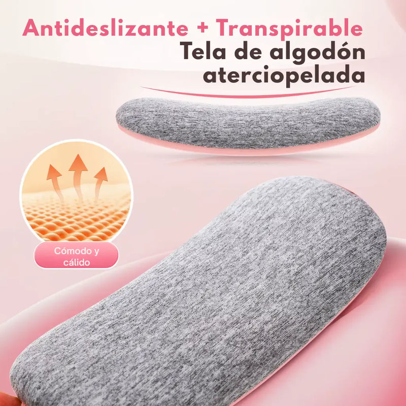 Detalle del panel digital del masajeador FlowBand Zen con control de temperatura y modos de vibración silenciosa.