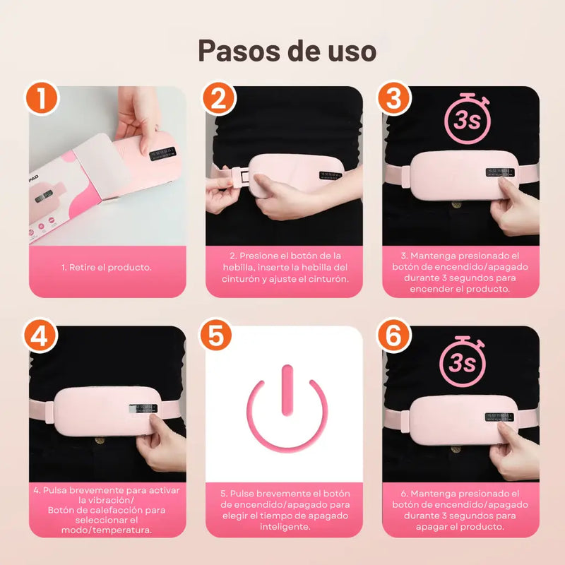 Cinturón masajeador FlowBand Zen mostrando diseño ergonómico, materiales suaves y batería recargable de larga duración.