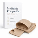 Imagen de medias de compresión beige hasta el muslo con punta abierta, banda interna antideslizante y empaque premium con información del producto para soporte diario.