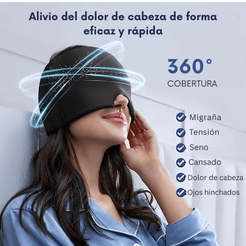 Gorra terapéutica colocada sobre la cabeza para aliviar dolor de cabeza y migraña