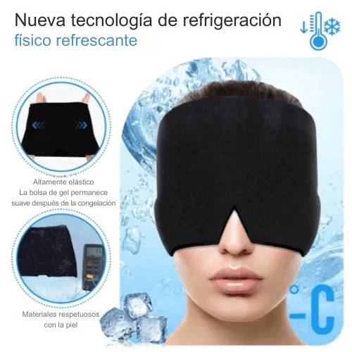 Gorra terapéutica colocada sobre la cabeza para aliviar dolor de cabeza y migraña