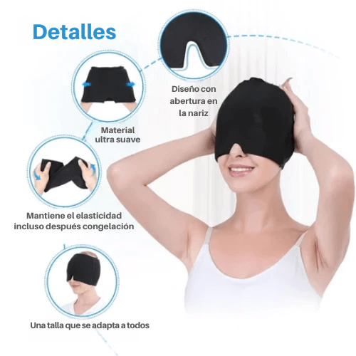 Gorra terapéutica colocada sobre la cabeza para aliviar dolor de cabeza y migraña